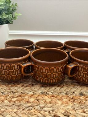 Wedgwood “Pennine” Brown Glazed Ceramic Mugs with Geometric Pattern - Set of 6